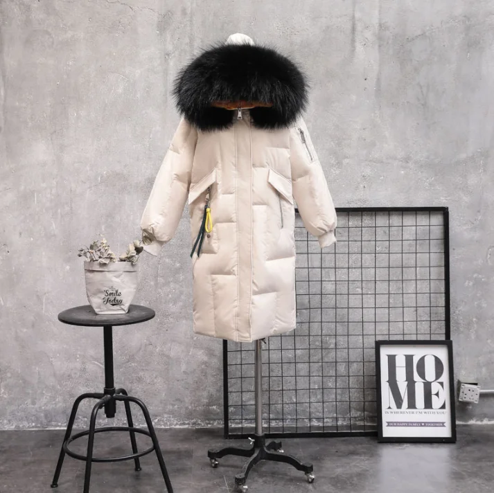 off white 4 Женский пуховик, зимняя теплая куртка на 90% белом утином пуху, длинное пальто с капюшоном и воротником из натурального меха, парка, женская зимняя верхняя одежда - Цвет: off white 4
