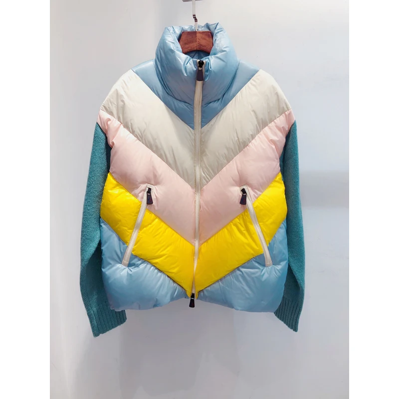 

Sale! 11.5 Winter Hot Coat Women Fashion Wool Knitted Patchwork White Duck Down Contrast Color Stand Collar Warm Outerwear