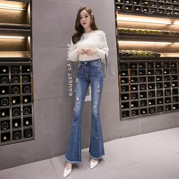 

Horn Jeans Female 2019 Gao Waist Mopping The Floor Pants Are Thin Hole Heavy Industry Rhinestone Burr Micro-pull Pants