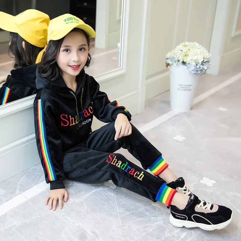 

Children Childrenswear 2018 Autumn New Style Girls Big Boy Korean-style Color Stripes Thick Gold Velvet Set