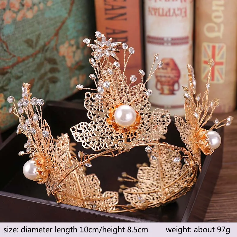 Vintage Wedding Bride Hair Jewelry Ornaments Full Circle Crystal Bridal Tiaras and Crowns Gold Leaf Floral Pearl Noiva Diadem