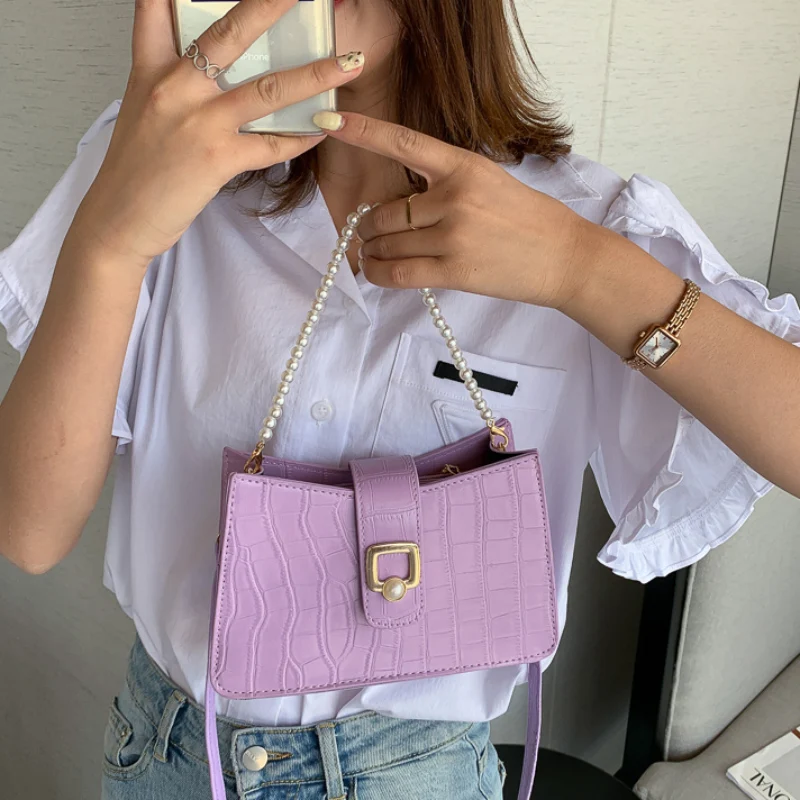 

2020 Crocodile Pattern Pearl Chain Crossbody Bags Ladies PU Leather Shoulder Bag New Fashion Travel Handbag And Wallet