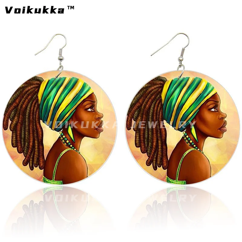 Voikukka Jewelry 6 CM Round Africa Drawing Black Women Painting Queen Wooden Both Sides Printing Drop Earrings For Gifts 4