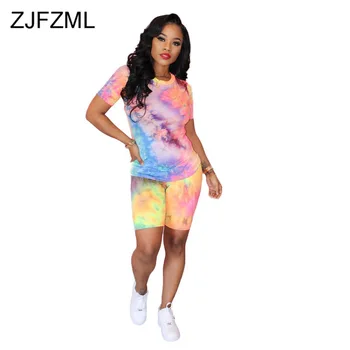 

Rainbow Tie Dyeing Two Piece Set 2020 Summer Clothes For Women O Neck Short Sleeve T Shirt And Biker Shorts Sportswear Tracksuit