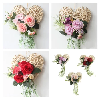 

Vintage Rattan Heart Shape Silk Flower Basket Rose Wreath Garland with Leaves Door Wall Home Wedding Decor