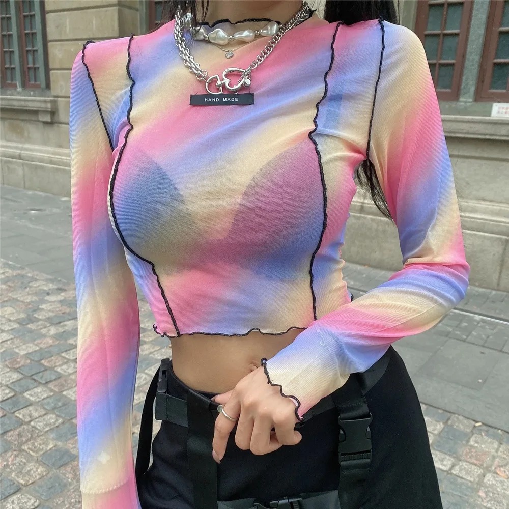 

Sexy Mesh See Throught O Neck Multicolor Printed T-shirts Women Hot Slim Ruffles Long Sleeve Tees Short Casual Women's T Shirts