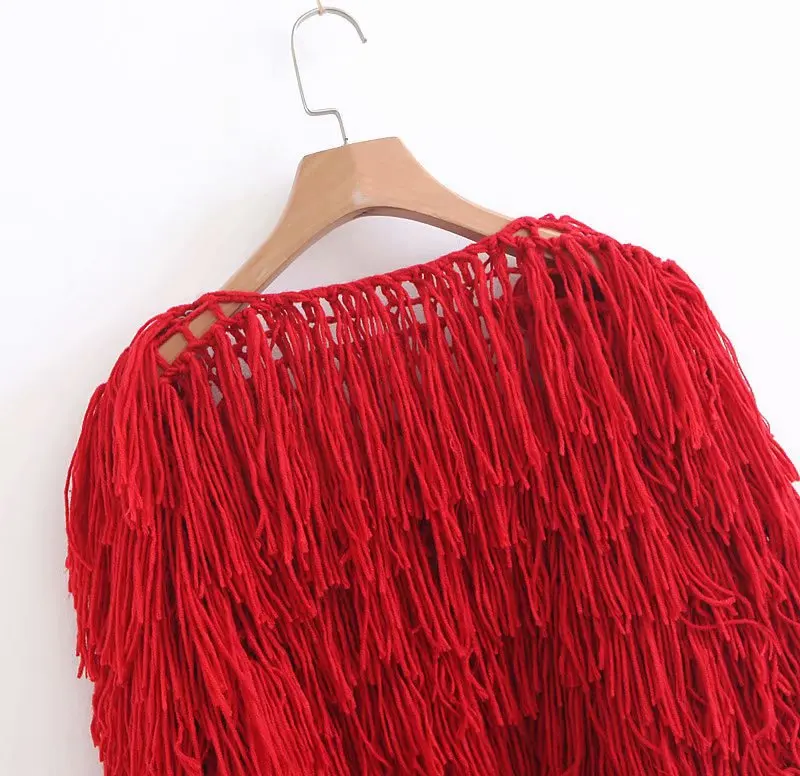 

2018 Autumn WOMEN'S Dress Entirely Handmade Tassels Hollow out Knitted Cardigan Solid Color Loose Short Sweater WOMEN'S Dress