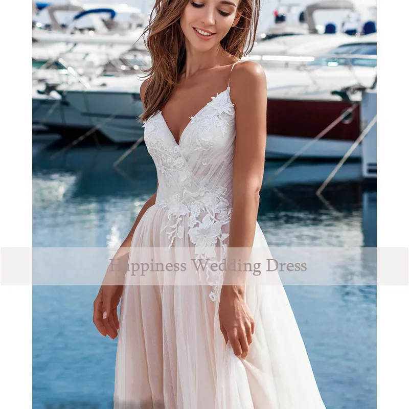 Booma-Spaghetti-Strap-Beach-Boho-Wedding-Dress-Lace-Appliqued-A-line-Wedding-Gowns-V-neck-Bride (2) - 
