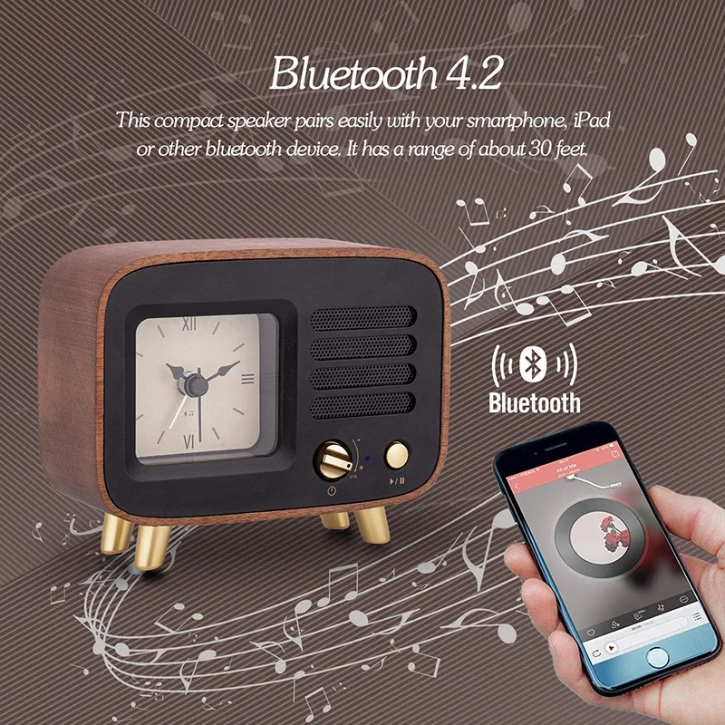 Ретро будильники и Bluetooth динамик, римские цифры бесшумные деревянные аналоговые настольные часы ж/перезаряжаемые стерео HD звук беспроводной