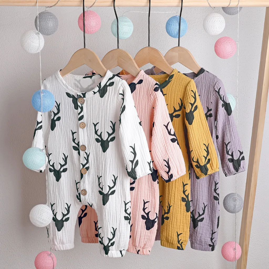 

New Born Baby Clothes Infant Baby Boy Girl Button Christmas Deer Print Romper Jumpsuit Clothes Roupas Kids Winter Soft Clothing