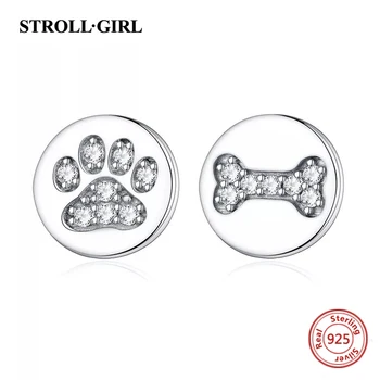 

Strollgirl 925 Sterling Silver Cute animal paw earrings dog love bone zircon Stud Earrings for Women 2020 Valentine Jewelry gift