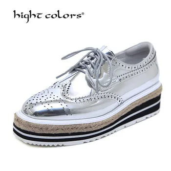 

(33~41) New 2020 Womens Square Toe Oxford Lace Up Flat Platform Silver Black White Fashion Vintage Bullock Female Shoes 888-1A