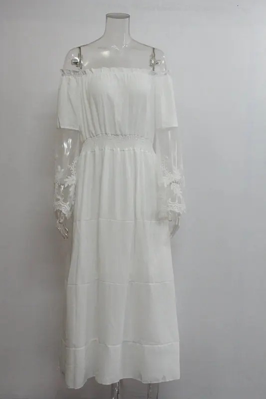 BacklakeGirls Sexy Boat Neck Off Shoulder White Lace Evening Dress Ankle-length Beach Dress Vestido Fiesta Largo Plus Size