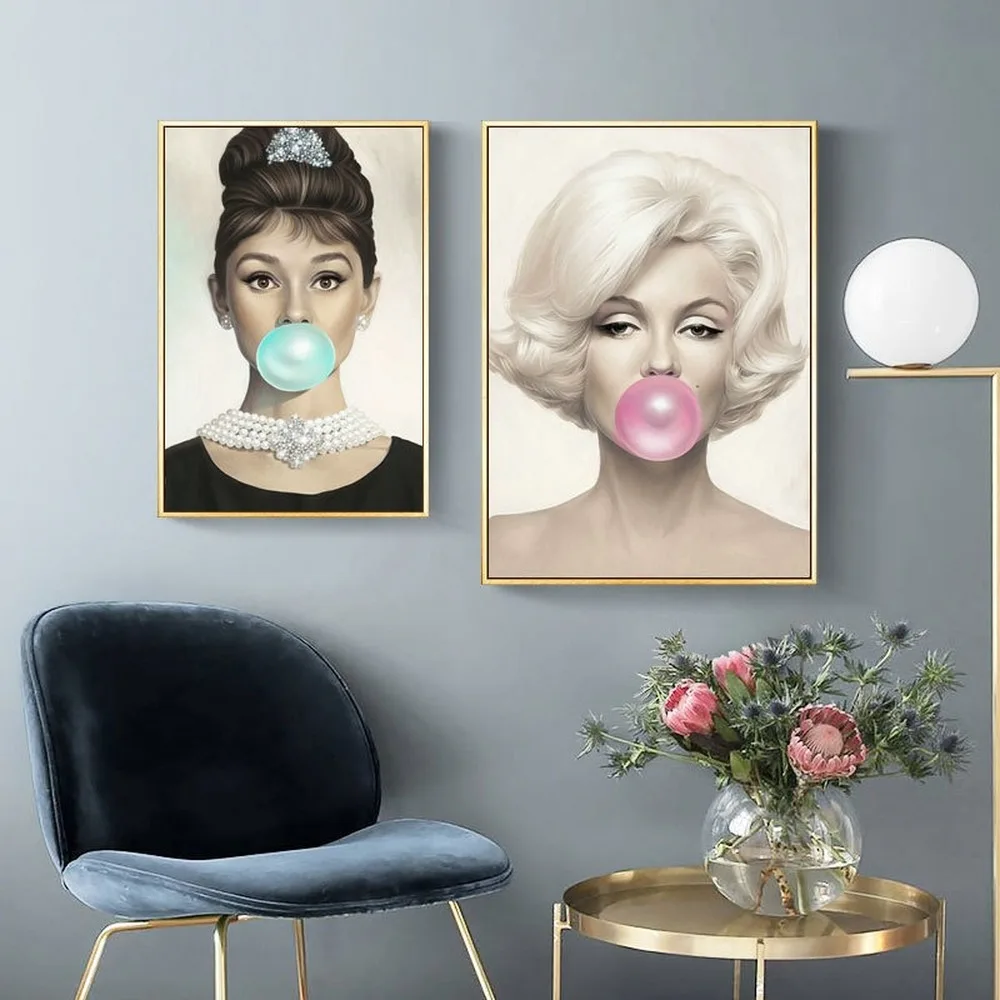 

Retro Nostalgic Female Star Character Canvas Painting Marilyn Monroe Audrey Hepburn Balloon Posters Porch Bedroom Mural Pictures