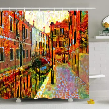 

Shower Curtain Set with Hooks 60x72 House Oil Abstract Painting Venice Watercolor Scene River Italy Wave Landmarks Impressive