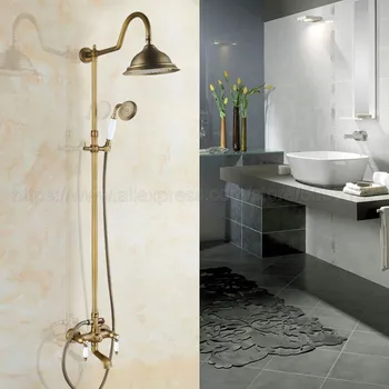 

Bathroom Shower Faucet Antique Brass 8.2" Rainfall Bath Shower Mixer Faucet Swivel Spout Shower Tap Wall Mount zan804