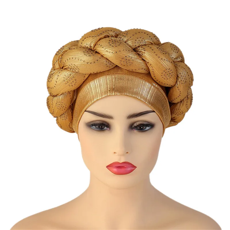 Glitter Diamonds Braids Turban Hat for Women Fashion Ladies Head Wraps Muslim Headscarf Bonnet already made african Headtie gele