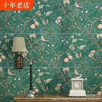 

Pastoral Retro Flowers and Birds Bedroom Style Television Wallpaper Dark Green Living Room Wall Wallpaper Nostalgic American-Sty