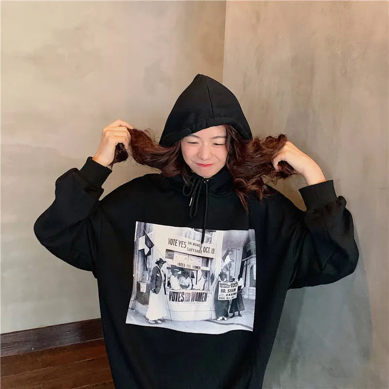 Ulzzang крутая Осенняя Женская Толстовка harajuku Печать с капюшоном модная Толстовка с длинным рукавом свободный свитер Толстовка забавная Женская