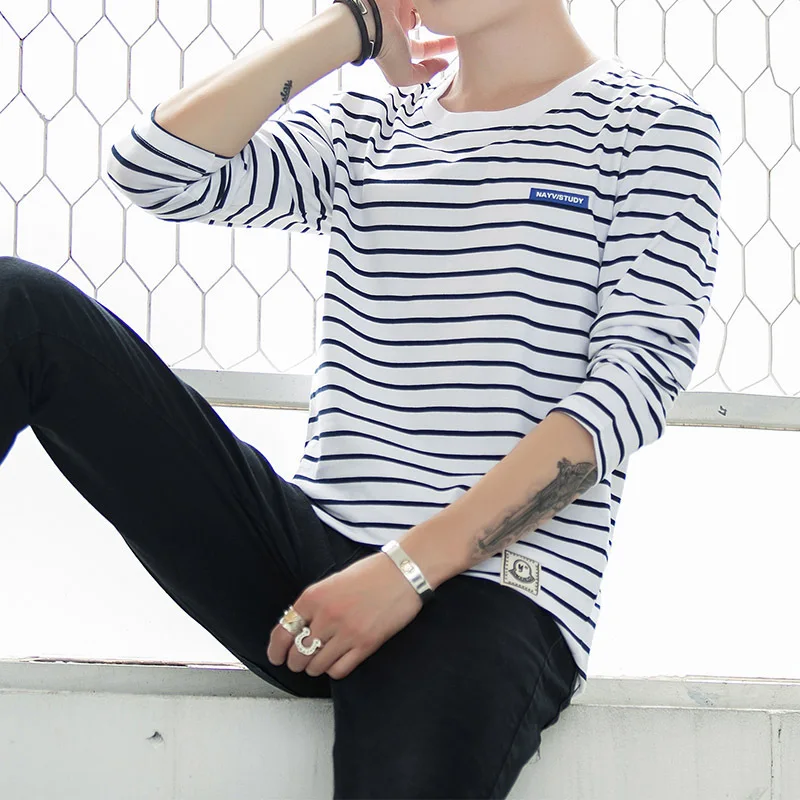 

Stripes Long-sleeved T-shirt Men Elasticity Base Shirt Spring And Autumn Popular Brand Trend Slim Fit on Clothes MEN'S T-shirt V