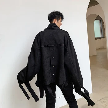 

Men Streetwear Hip Hop Punk Gothic Suede Loose Casual Irregular Cardigan Jacket Male Women Outerwear Coat