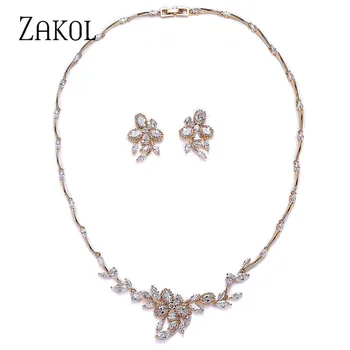 

ZAKOL Luxury Clear Cubic Zirconia Leaf Shape Earrings Necklaces Women Wedding Engagement Bridal Jewelry Sets FSSP309