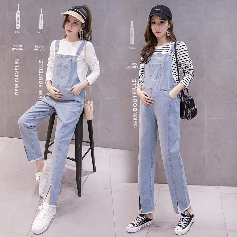 3259# Light Blue Washed Denim Maternity Jumpsuit Large Size Loose Autumn Fashion Overalls for Pregnant Women Pregnancy Bib Pants