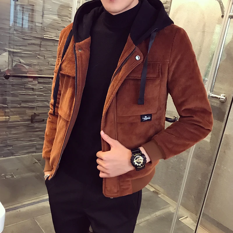 caramel colour AreMoMuWha/ новое зимнее мужское хлопковое пальто, модная индивидуальная хлопковая одежда, куртка, тонкая Толстая короткая куртка с капюшоном, пальто 1246 - Цвет: caramel colour