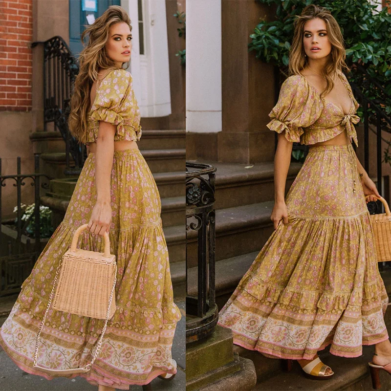 Boho шикарная летняя винтажная Цветочная Печать Лоскутная макси юбка женская модный шнурок эластичная талия отдых пляжные юбки