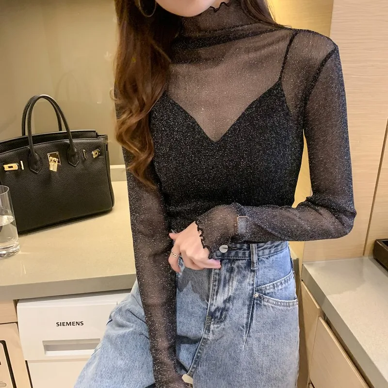 Girls Mesh Blouses Tees Female Autumn Transparent Full Sleeve Elegant Stretchy Turtleneck Shirts Tops Undershirts For Women 2
