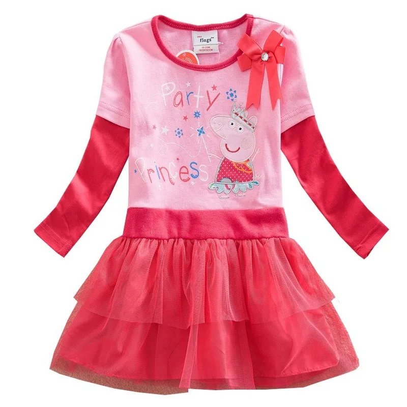 Child Girl Baby Peppa Pig 100% Cotton Dress Pink Purple Bowknot Style Cute Cartoon Printed Net Yarn Princess Dress