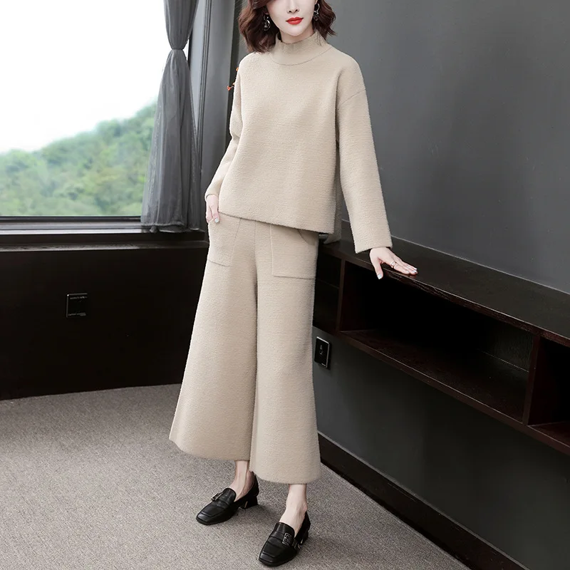 

Knitted Cashmere Wool Women Set Tracksuit Turtleneck Sweater Top Trousers 2 Piece Set Plus Size Autumn Winter Ladies Track Suits