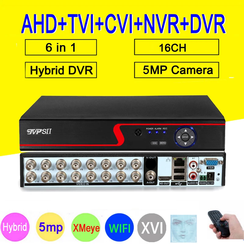 red Panel HI3531D H.265+ Xmeye 5MP 16CH 16 Channel 6 in 1 Audio WIFI Hybrid Coaxial ONVIF TVi CVI IP NVR AHD CCTV DVR main picture