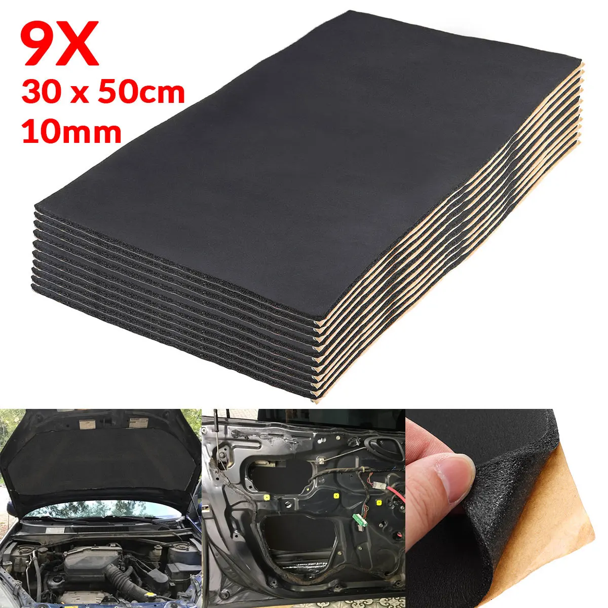 9Pcs 10mm Car Sound Hot Deadener Mat Noise Proof Insulation