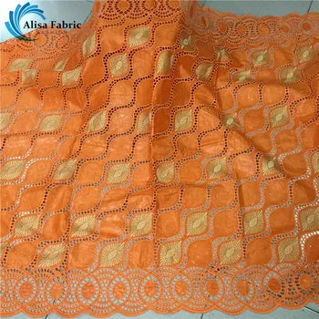 

Alisa orange african bazin riche fabric 2020 high quality embroidery hollow out design cotton and polyester fabric 5 yards/piece