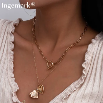 

Goth Open Love Heart Pendant Choker Necklace Collares Men Punk Multilayer Cuban Lariat Long Chain Necklace Couple Women Jewelry