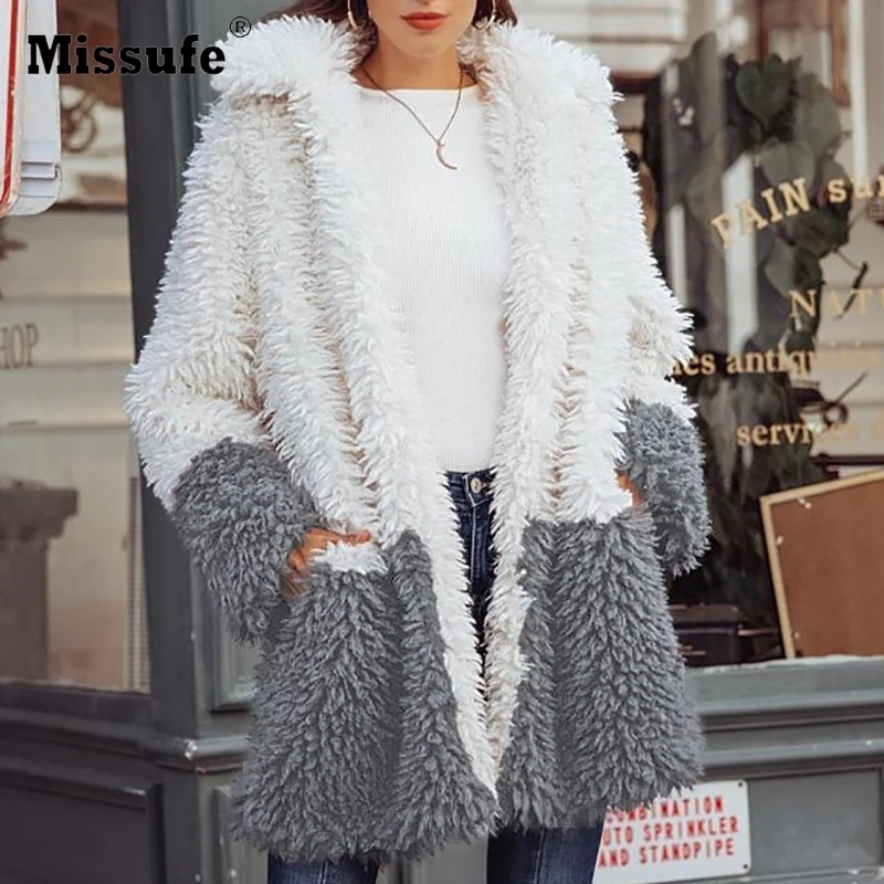 

Missufe 2019 Winter Patchwork Wool Coat Faux Fur Warm Splice White Gray Loose Turn-down Collar Pocket Open Stitch Coats Women