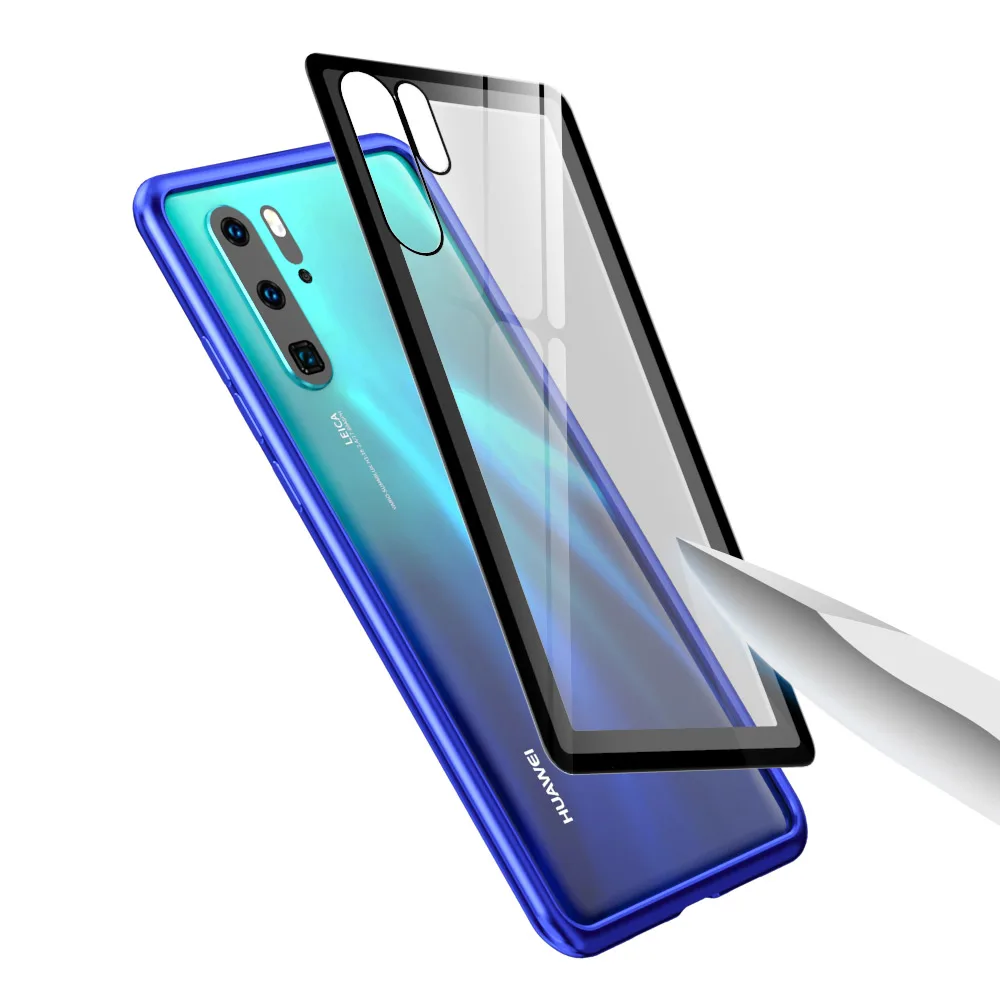 

Tempered Glass Phone Case for Huawei P30 P30 Lite Pro Blue Luxury Metal Frame Bumper Cover Hard Transparent Gradient Color Shell