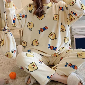 

Flannel Warm Women Pajamas Korean Kawaii Cartoon Pajama Set Fashion Pijama Mujer Leisure Home Cloth Pyjama Women Sleepwear