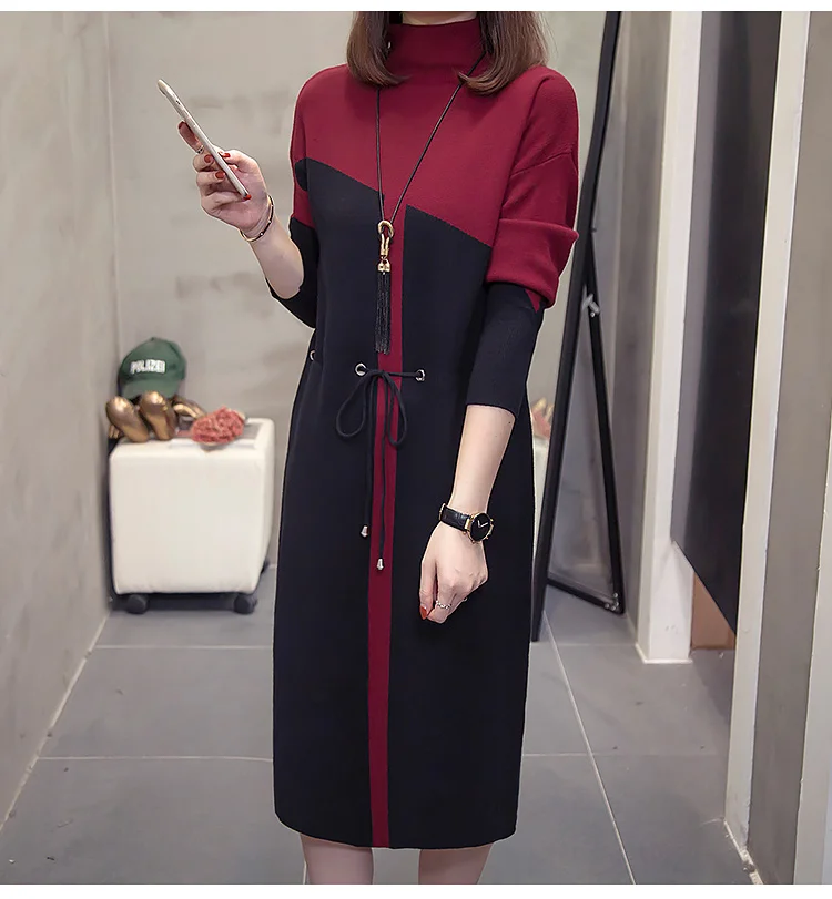 XL-4XL размера плюс, женское платье-свитер с высоким воротом, зима, модное платье с длинным рукавом в стиле пэчворк, цветные женские вязаные платья миди