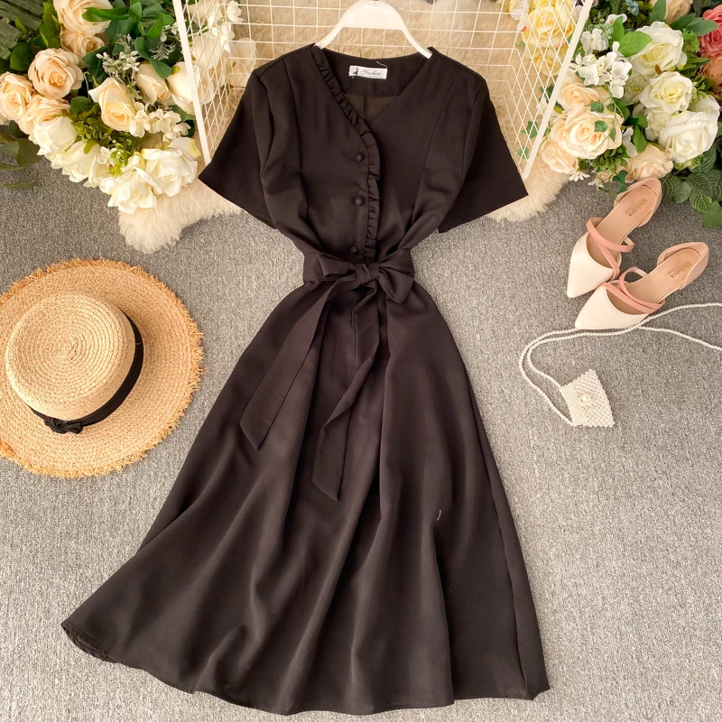 Черный Vintage Spring V Neck Ruffles Summer Midi Dress Vestido De Festa Party Bandage Women A-Line Elegant High Waist Vestidos - Цвет: Черный