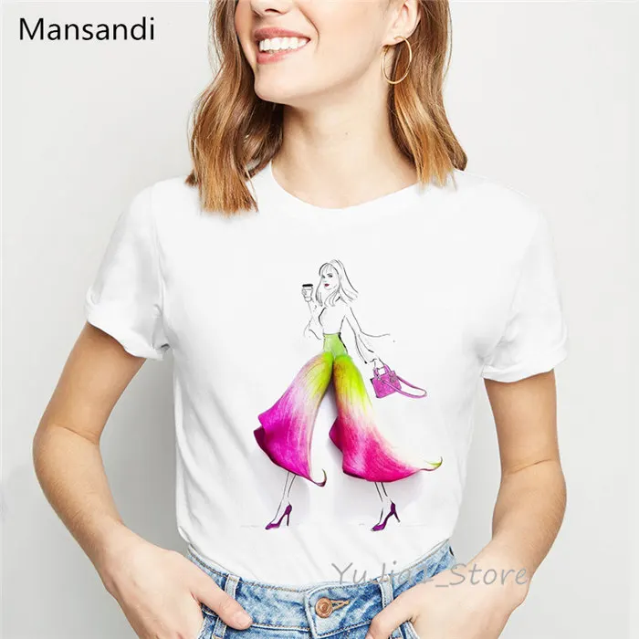 Иллюстрация цветов балетная танцовщица печать футболка женская мода футболка camiseta mujer одежда в Корейском стиле белая футболка Топы - Цвет: Y803100