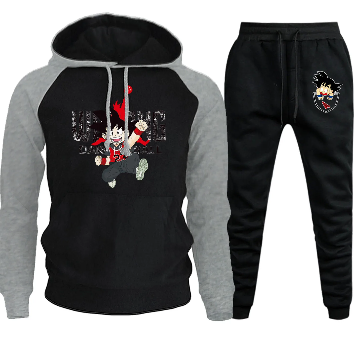 Уличная мужская одежда реглан с капюшоном Осень Зима мультфильм Dragon Ball Повседневная флисовая толстовка с капюшоном костюм+ спортивные штаны комплект из 2 предметов - Цвет: gray black6