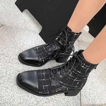 

YMECHIC Patchwork Ankle Boots for Women Cow Genuine Leather and Plaid Fabric Booties Chunky Heel Cowboy Booties Shoes Women 2019