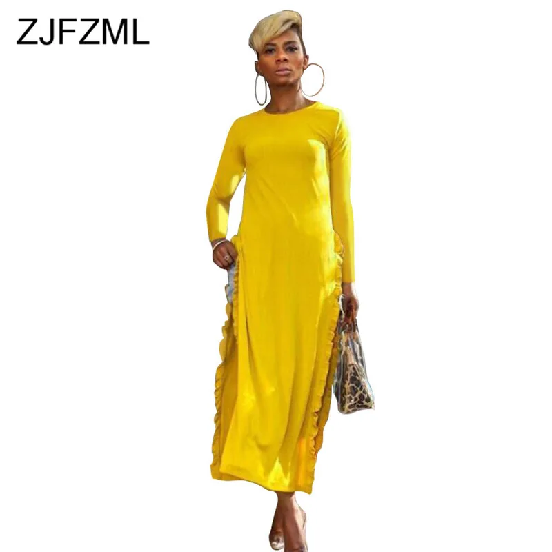 

Side Split Ruffles Causal Dress Women Round Neck Yellow Slim Maxi Long Dress Fashion Plus Size Long Sleeve Autumn Winter Dress