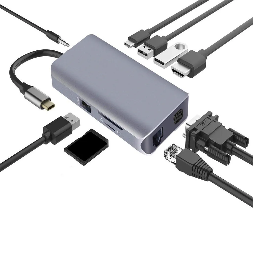 Ouhaobin 10в1 USB C концентратор адаптер для USB3.0 HDMI VGA RJ45 ноутбука SD TF кардридер |