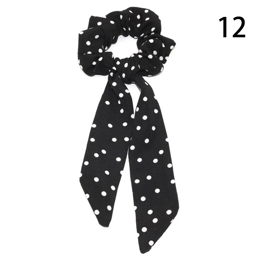 Boho Style Printed Ribbon Bow Hair Scrunchies Elastic Hair Bands Women Elegant Polka Dot Knotted Scarf Hair Accessories Headwear - Цвет: 12