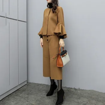 

Two Piece Set Korean Solid Ruffled Wool Coat And Wide Legs Long Pants Spring Women Sets Office Ladies Causal Suit Black Outfits