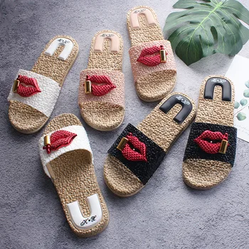 

Summer Wear Joker Fashion Red Lips Popcorn Flat with Non-slip Korean Slippers