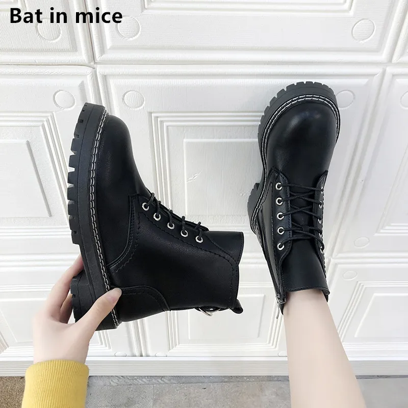

winter Women Ankle snow Boots women Female pu Leather lace-up Round Toe combat Motorcycle boots Booties women botas mujer T579